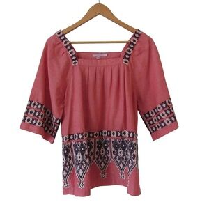 Calypso St Barth Embroidered Tunic Top Large Pink Coral Square Neck Boho Peasant